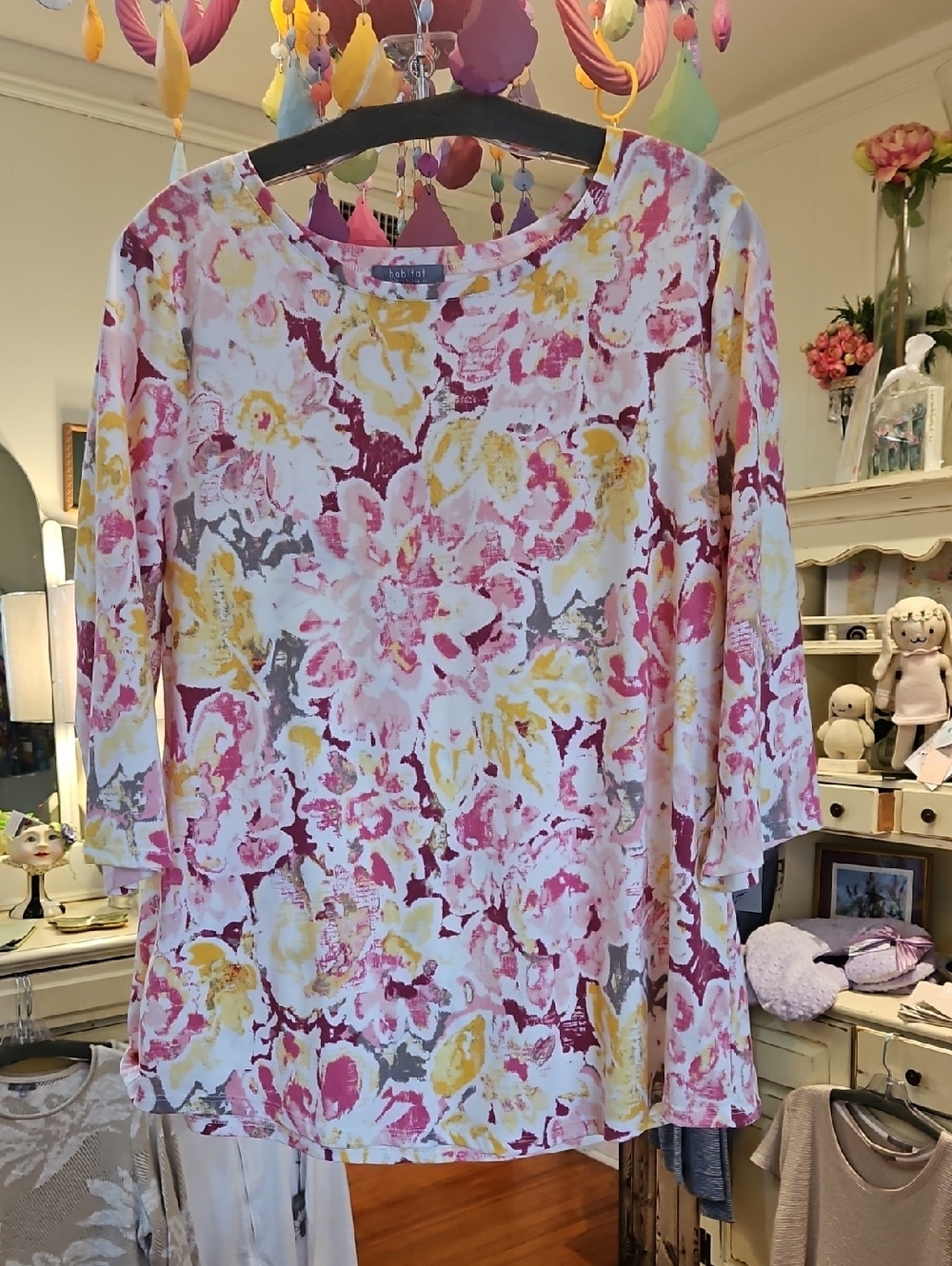 Habitat Floral Print 3/4 Sleeve Top in Pink, Yellow, Gray